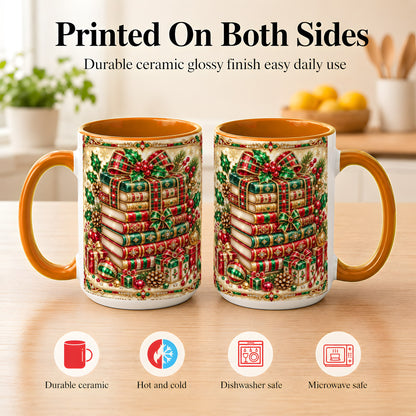 #pl[15oz|Orange] Gemlike Christmas Books Coffee Mug, Ornate Holiday Mug, Ceramic Cup