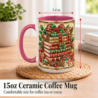#pl[15oz|Pink] Gemlike Christmas Books Coffee Mug, Ornate Holiday Mug, Ceramic Cup