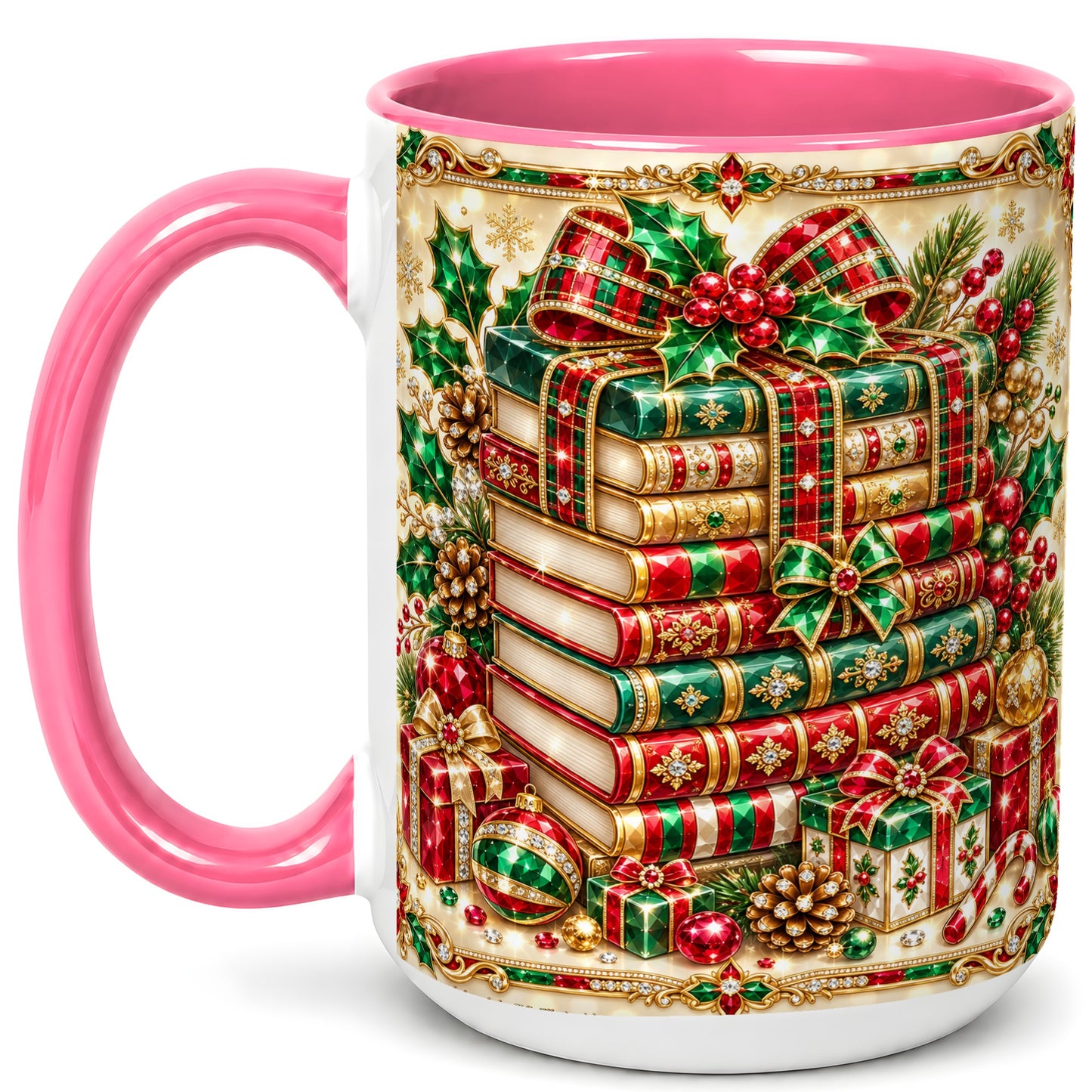 #pl[15oz|Pink] Gemlike Christmas Books Coffee Mug, Ornate Holiday Mug, Ceramic Cup