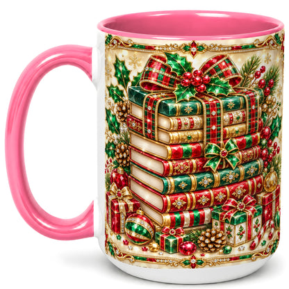 #pl[15oz|Pink] Gemlike Christmas Books Coffee Mug, Ornate Holiday Mug, Ceramic Cup