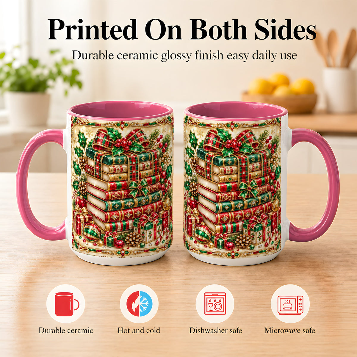 #pl[15oz|Pink] Gemlike Christmas Books Coffee Mug, Ornate Holiday Mug, Ceramic Cup