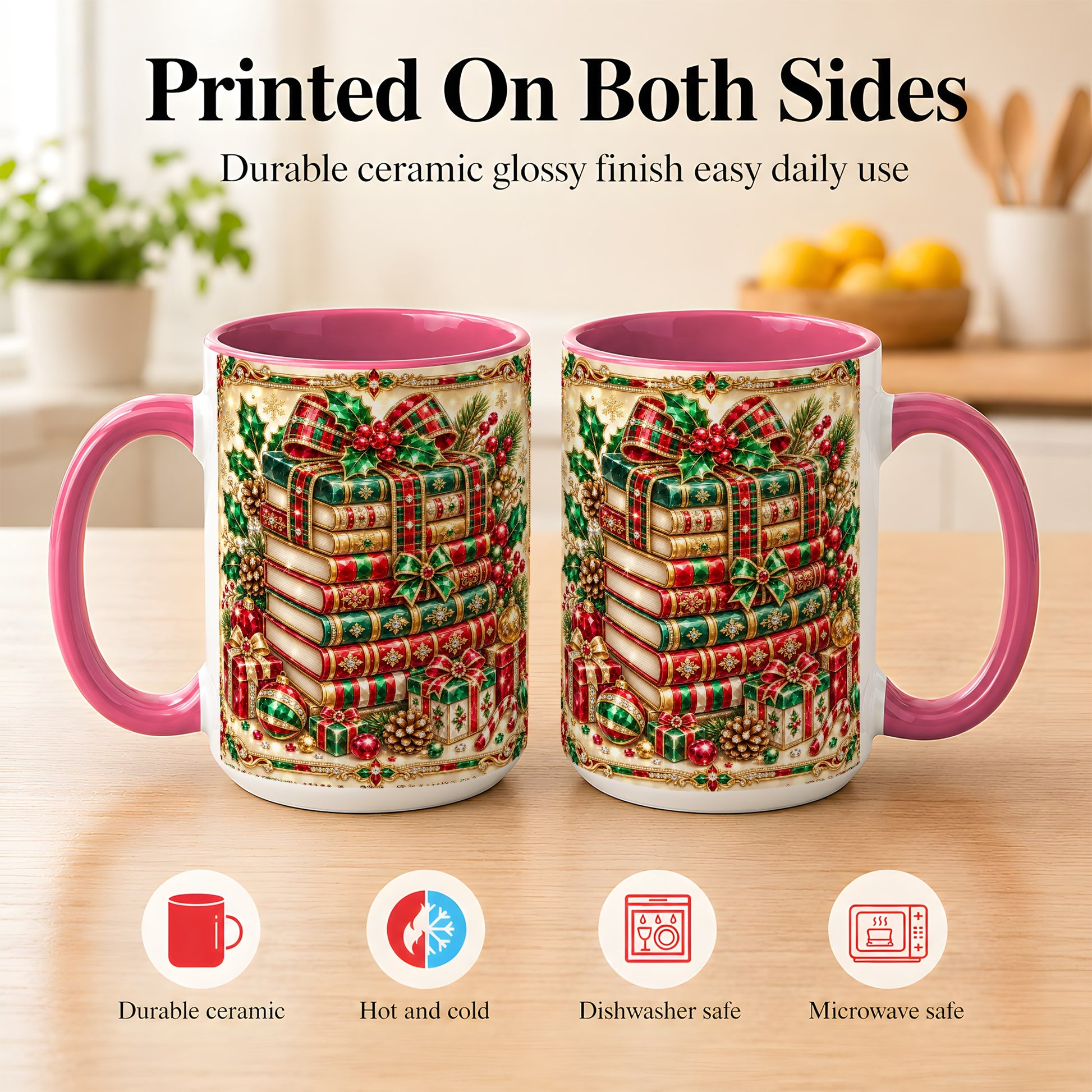 #pl[15oz|Pink] Gemlike Christmas Books Coffee Mug, Ornate Holiday Mug, Ceramic Cup