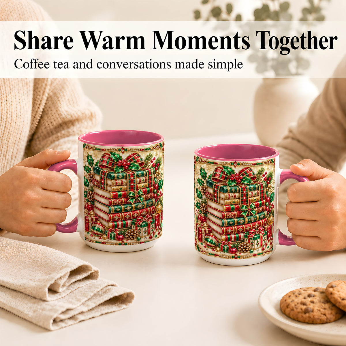#pl[15oz|Pink] Gemlike Christmas Books Coffee Mug, Ornate Holiday Mug, Ceramic Cup