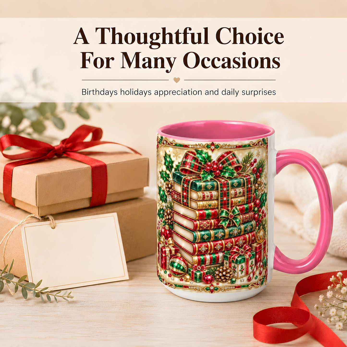 #pl[15oz|Pink] Gemlike Christmas Books Coffee Mug, Ornate Holiday Mug, Ceramic Cup