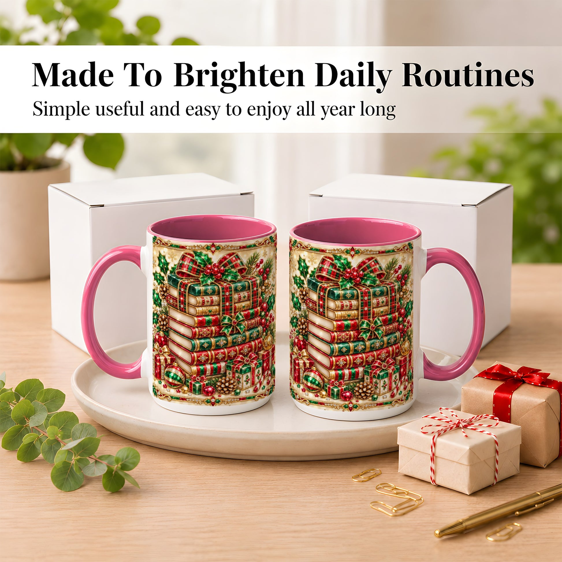 #pl[15oz|Pink] Gemlike Christmas Books Coffee Mug, Ornate Holiday Mug, Ceramic Cup