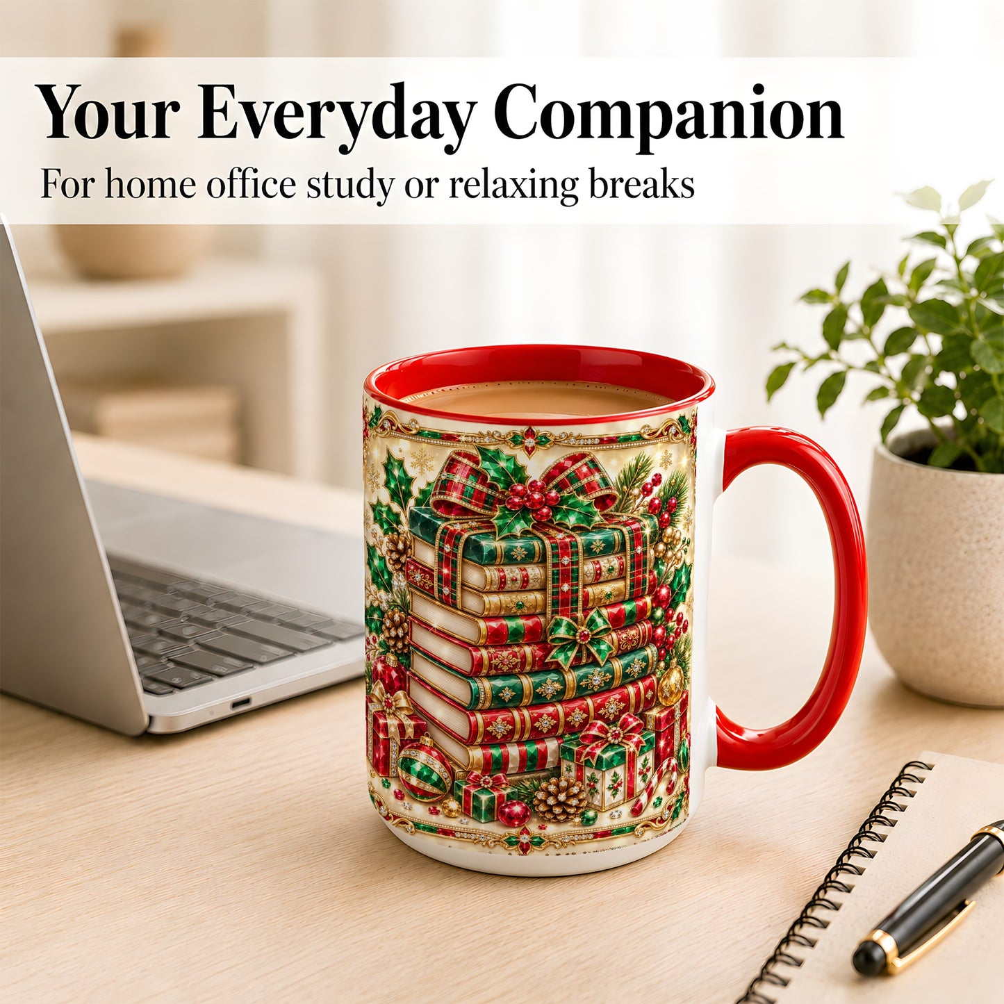 #pl[15oz|Red] Gemlike Christmas Books Coffee Mug, Ornate Holiday Mug, Ceramic Cup
