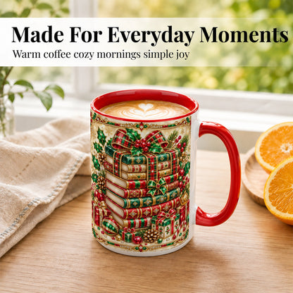 #pl[15oz|Red] Gemlike Christmas Books Coffee Mug, Ornate Holiday Mug, Ceramic Cup