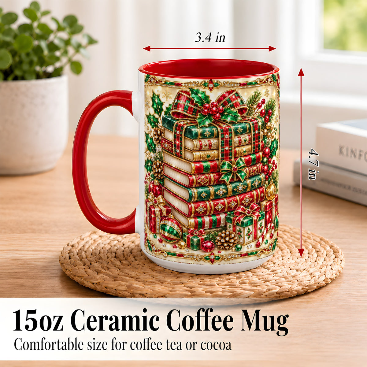 #pl[15oz|Red] Gemlike Christmas Books Coffee Mug, Ornate Holiday Mug, Ceramic Cup