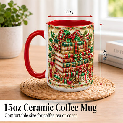 #pl[15oz|Red] Gemlike Christmas Books Coffee Mug, Ornate Holiday Mug, Ceramic Cup