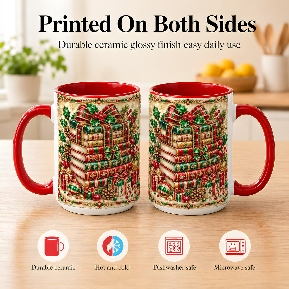 #pl[15oz|Red] Gemlike Christmas Books Coffee Mug, Ornate Holiday Mug, Ceramic Cup