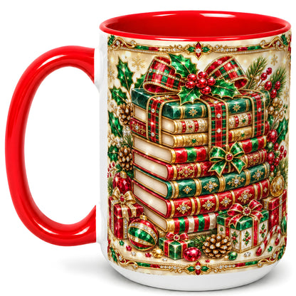 #pl[15oz|Red] Gemlike Christmas Books Coffee Mug, Ornate Holiday Mug, Ceramic Cup