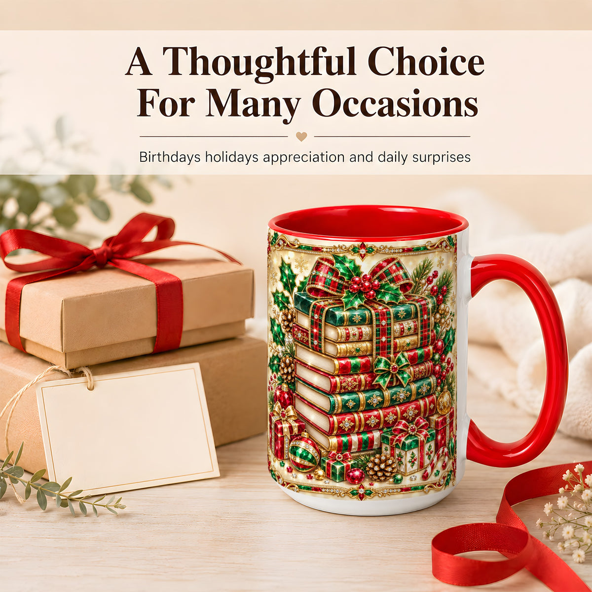 #pl[15oz|Red] Gemlike Christmas Books Coffee Mug, Ornate Holiday Mug, Ceramic Cup
