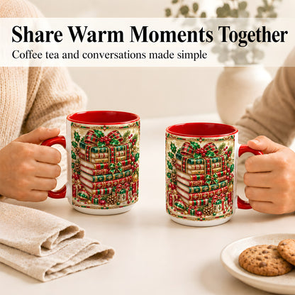 #pl[15oz|Red] Gemlike Christmas Books Coffee Mug, Ornate Holiday Mug, Ceramic Cup