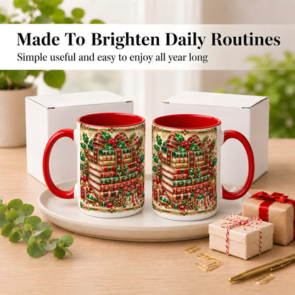 #pl[15oz|Red] Gemlike Christmas Books Coffee Mug, Ornate Holiday Mug, Ceramic Cup