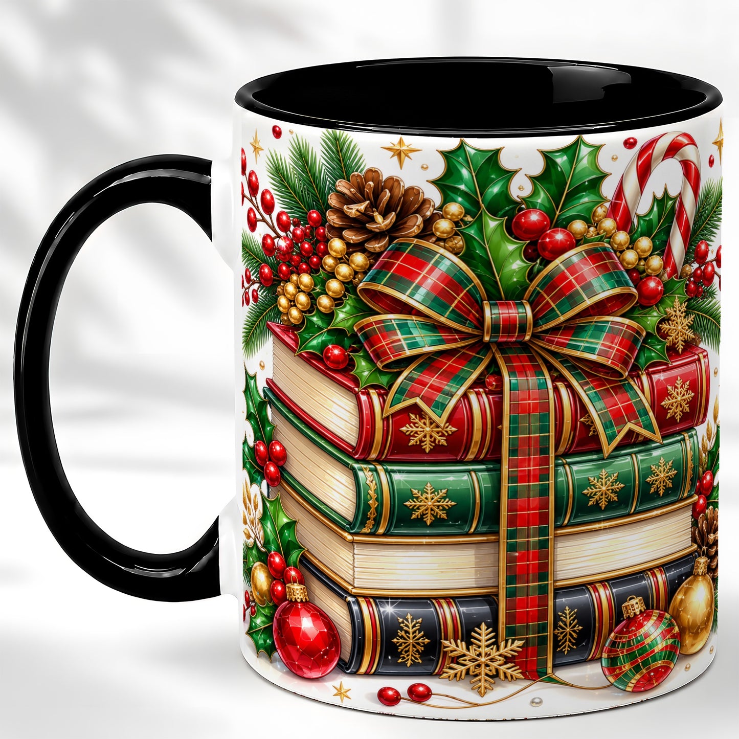 #pl[11oz|Black] Classic Christmas Books Coffee Mug, Plaid Bow Holiday Mug, Ceramic Cup