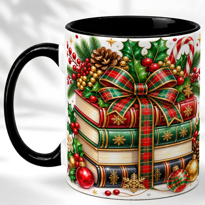#pl[11oz|Black] Classic Christmas Books Coffee Mug, Plaid Bow Holiday Mug, Ceramic Cup