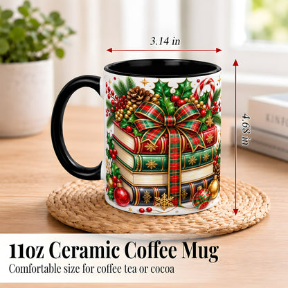 #pl[11oz|Black] Classic Christmas Books Coffee Mug, Plaid Bow Holiday Mug, Ceramic Cup