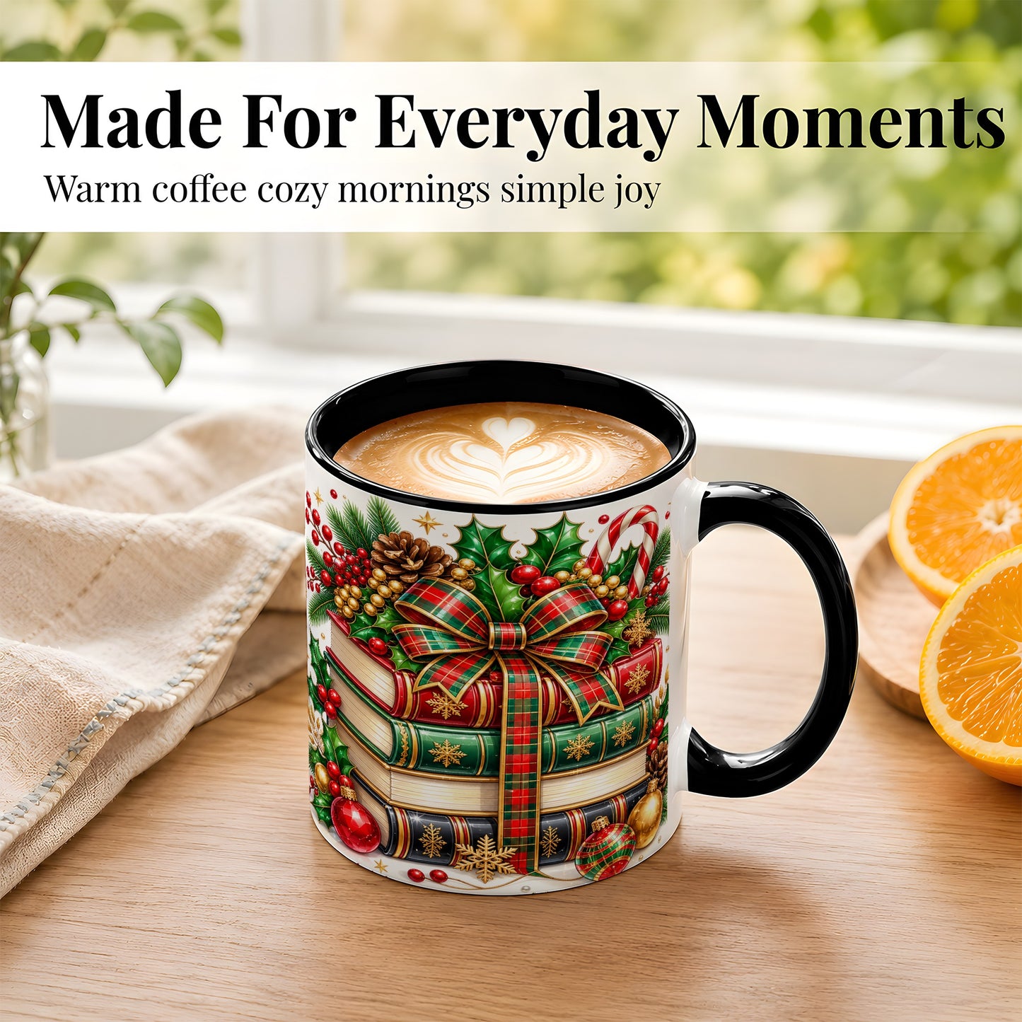 #pl[11oz|Black] Classic Christmas Books Coffee Mug, Plaid Bow Holiday Mug, Ceramic Cup