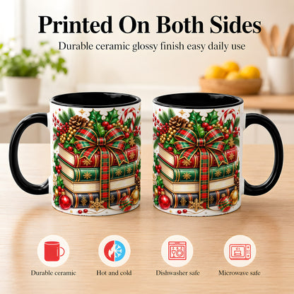 #pl[11oz|Black] Classic Christmas Books Coffee Mug, Plaid Bow Holiday Mug, Ceramic Cup