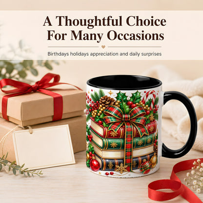 #pl[11oz|Black] Classic Christmas Books Coffee Mug, Plaid Bow Holiday Mug, Ceramic Cup