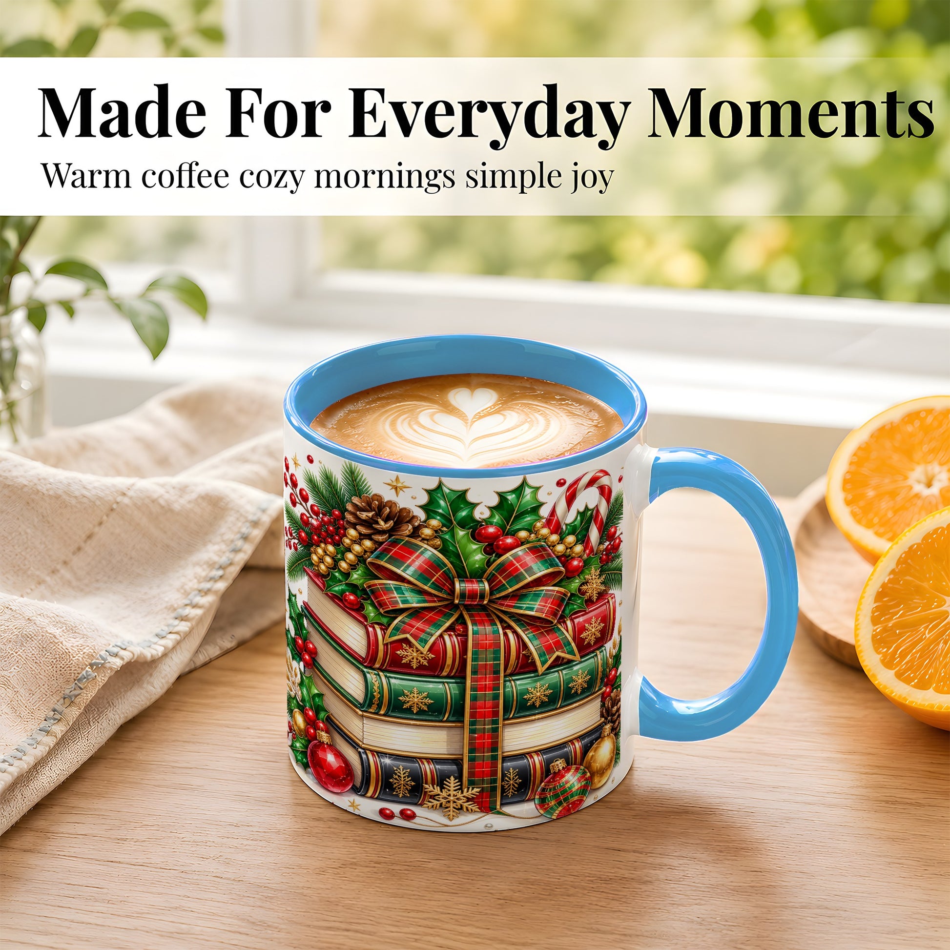 #pl[11oz|Blue] Classic Christmas Books Coffee Mug, Plaid Bow Holiday Mug, Ceramic Cup