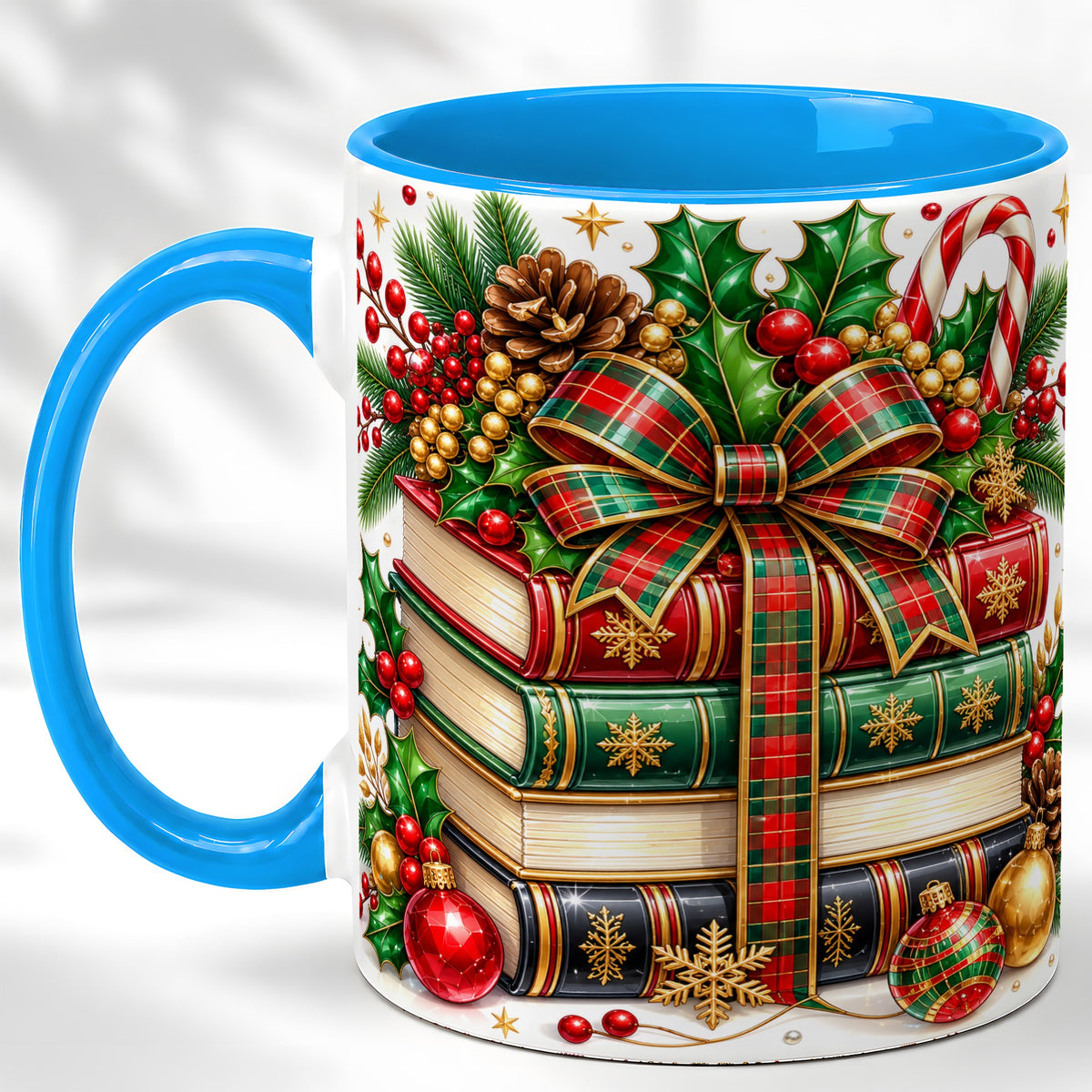 #pl[11oz|Blue] Classic Christmas Books Coffee Mug, Plaid Bow Holiday Mug, Ceramic Cup