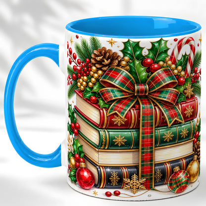 #pl[11oz|Blue] Classic Christmas Books Coffee Mug, Plaid Bow Holiday Mug, Ceramic Cup