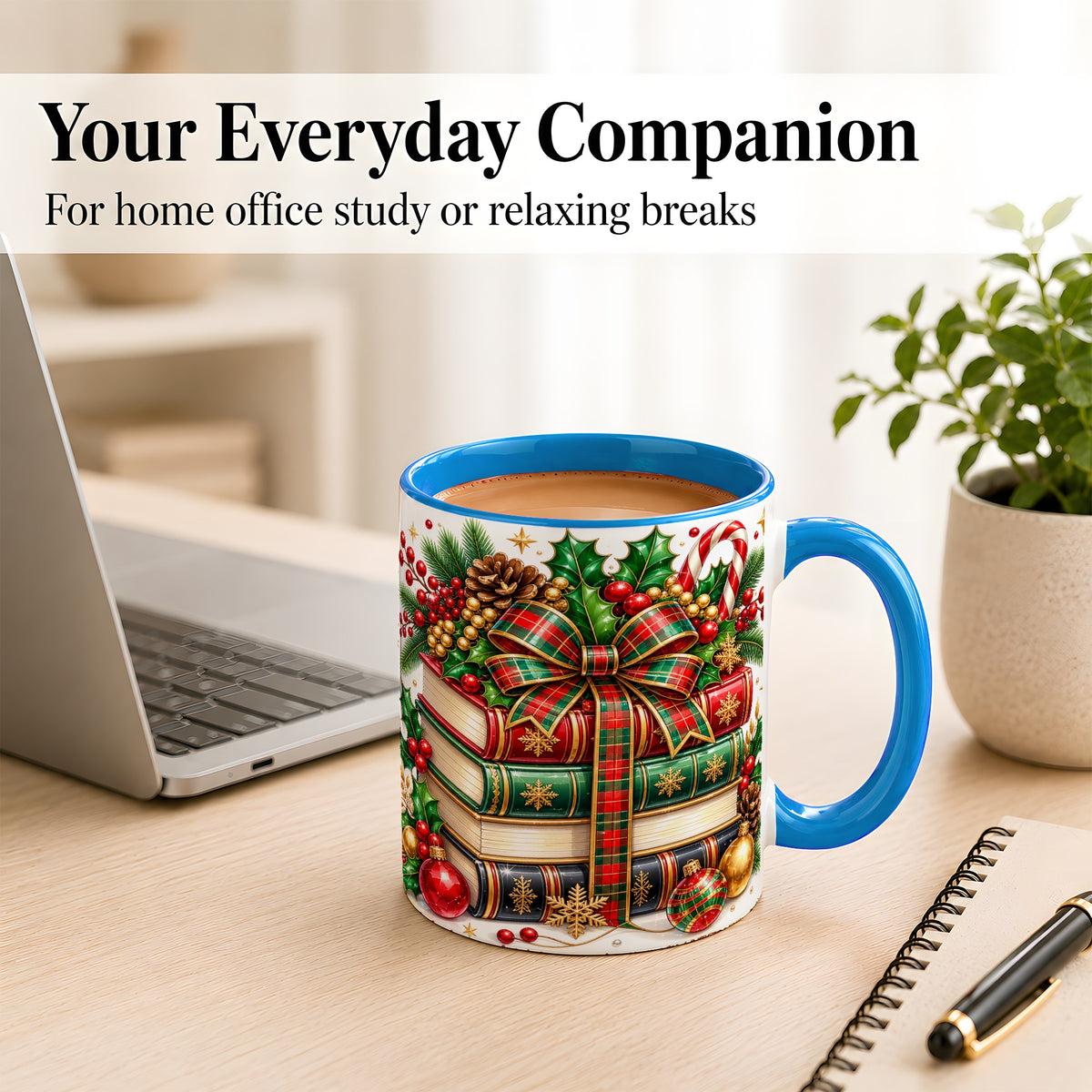 #pl[11oz|Blue] Classic Christmas Books Coffee Mug, Plaid Bow Holiday Mug, Ceramic Cup