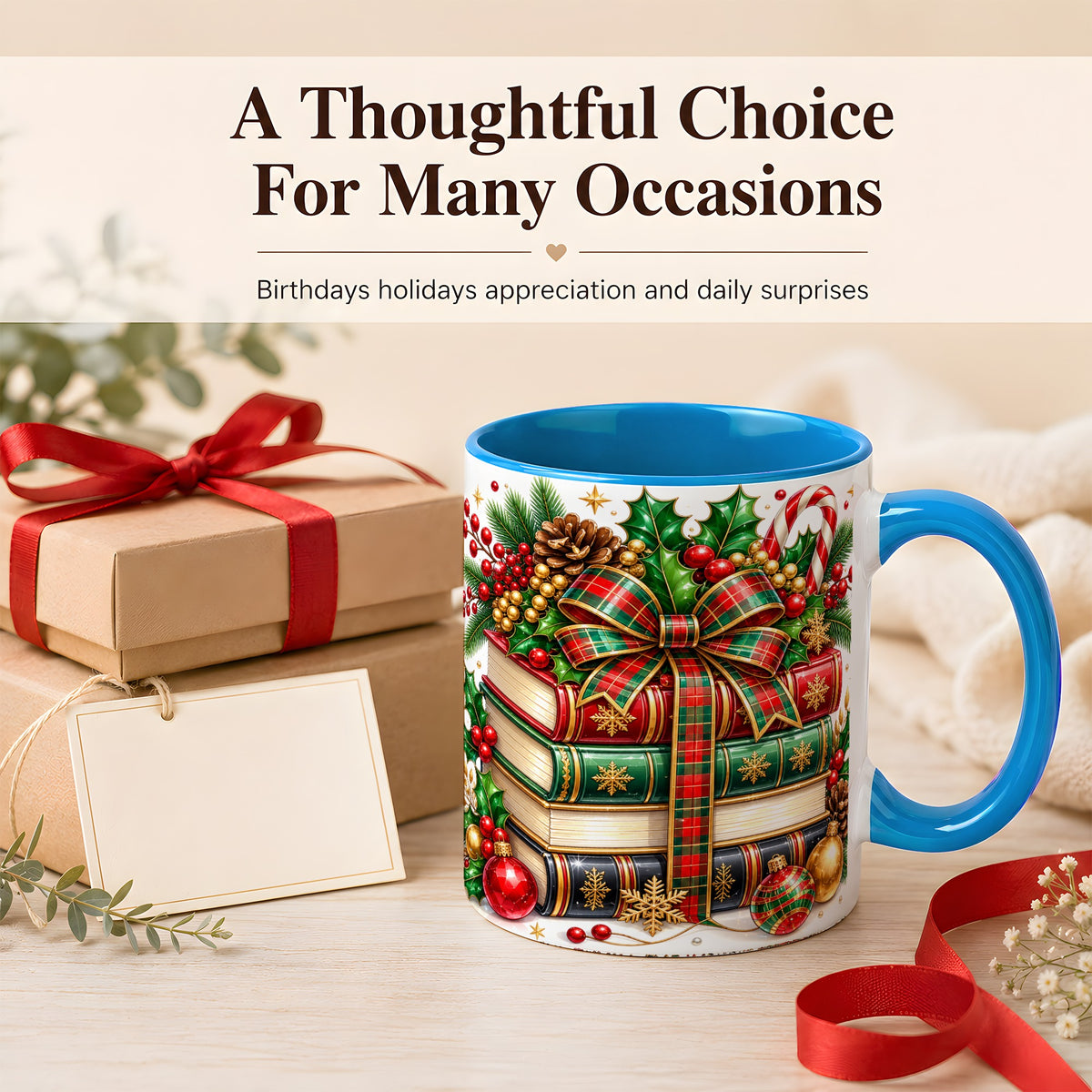 #pl[11oz|Blue] Classic Christmas Books Coffee Mug, Plaid Bow Holiday Mug, Ceramic Cup