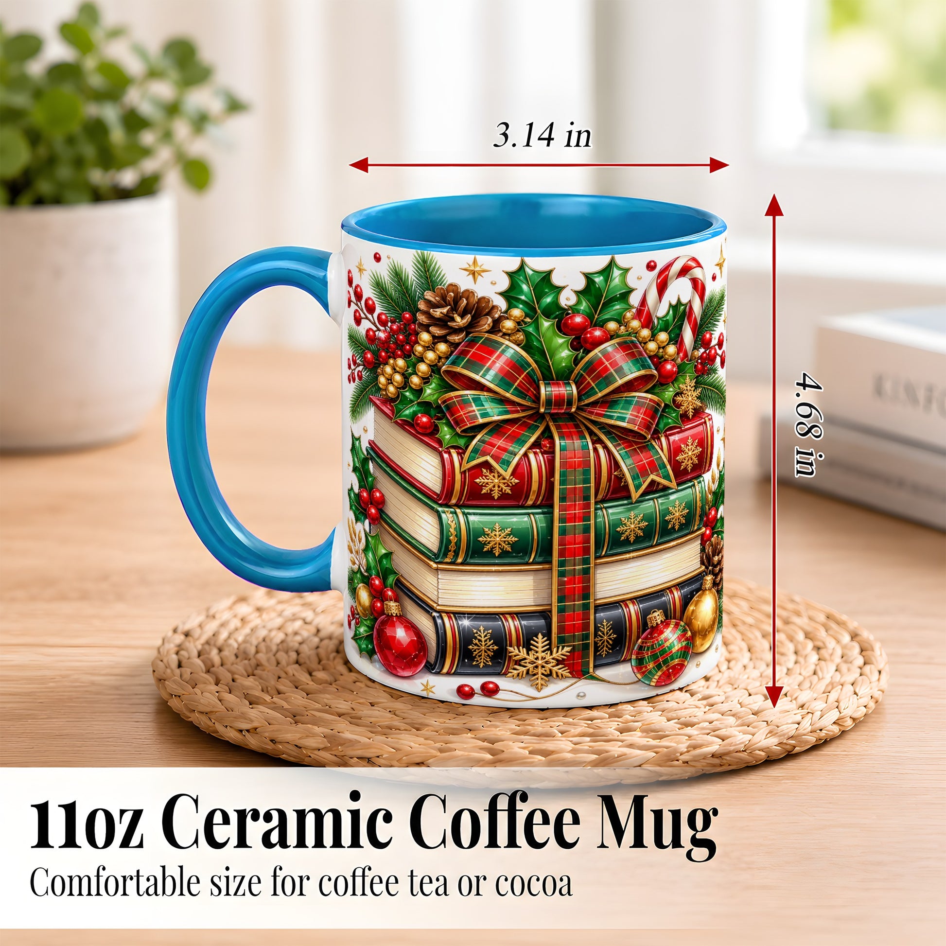 #pl[11oz|Blue] Classic Christmas Books Coffee Mug, Plaid Bow Holiday Mug, Ceramic Cup