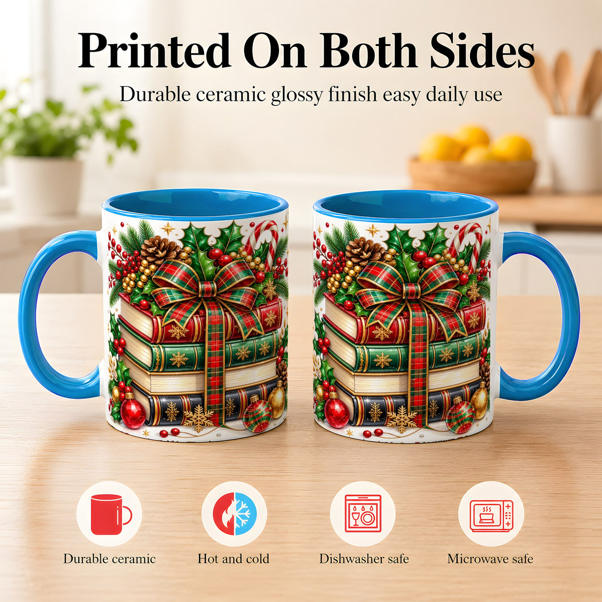 #pl[11oz|Blue] Classic Christmas Books Coffee Mug, Plaid Bow Holiday Mug, Ceramic Cup