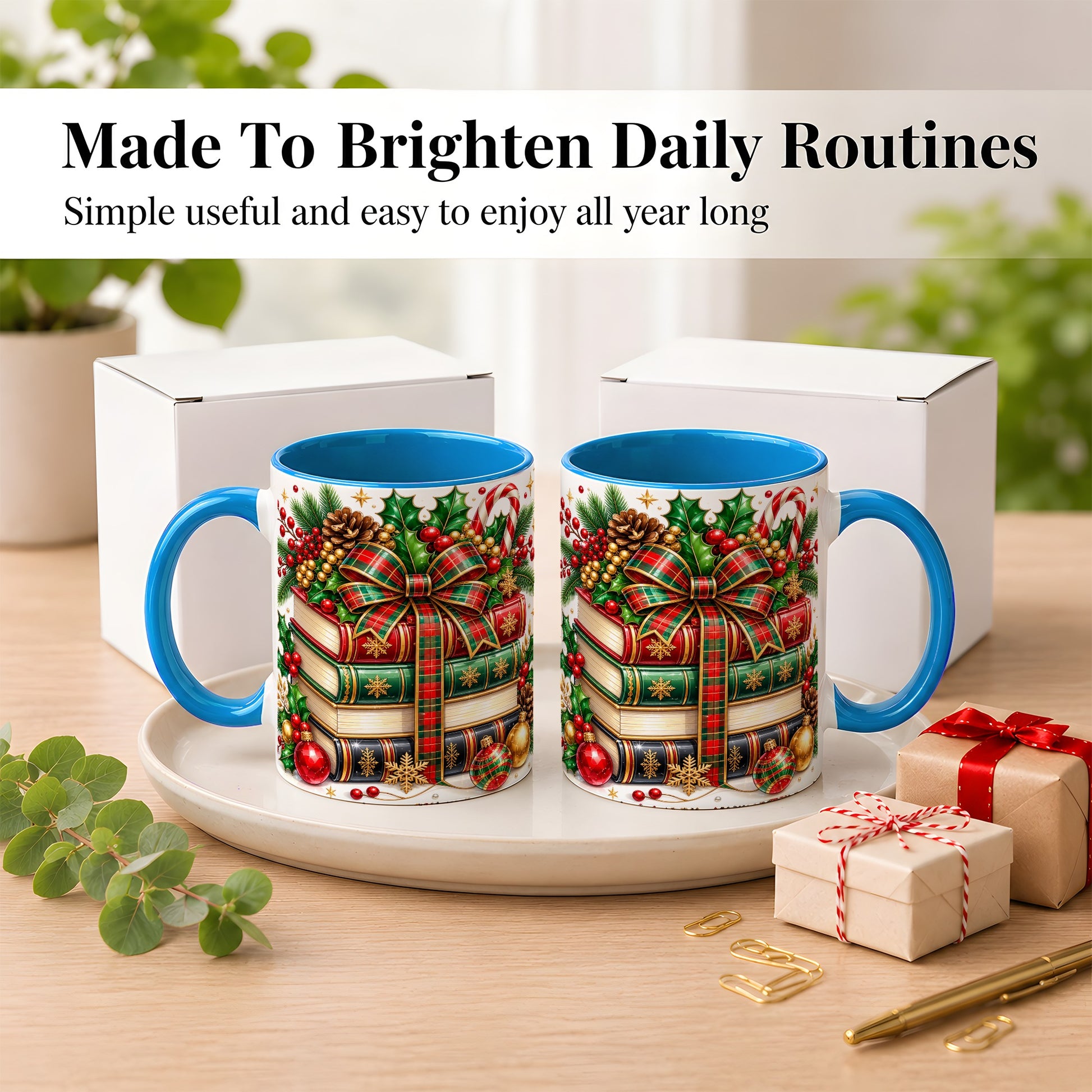 #pl[11oz|Blue] Classic Christmas Books Coffee Mug, Plaid Bow Holiday Mug, Ceramic Cup