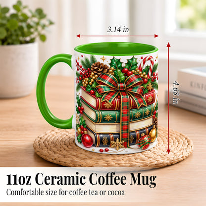 #pl[11oz|Green] Classic Christmas Books Coffee Mug, Plaid Bow Holiday Mug, Ceramic Cup