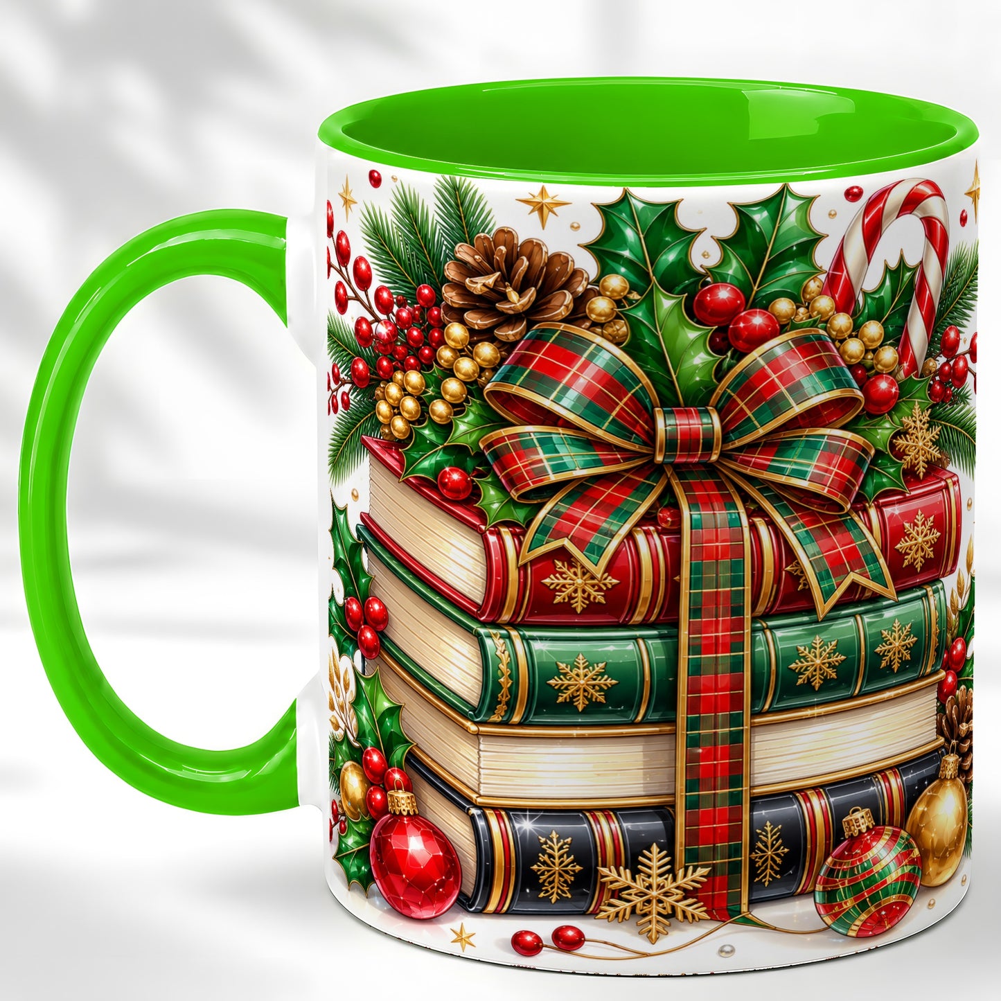#pl[11oz|Green] Classic Christmas Books Coffee Mug, Plaid Bow Holiday Mug, Ceramic Cup