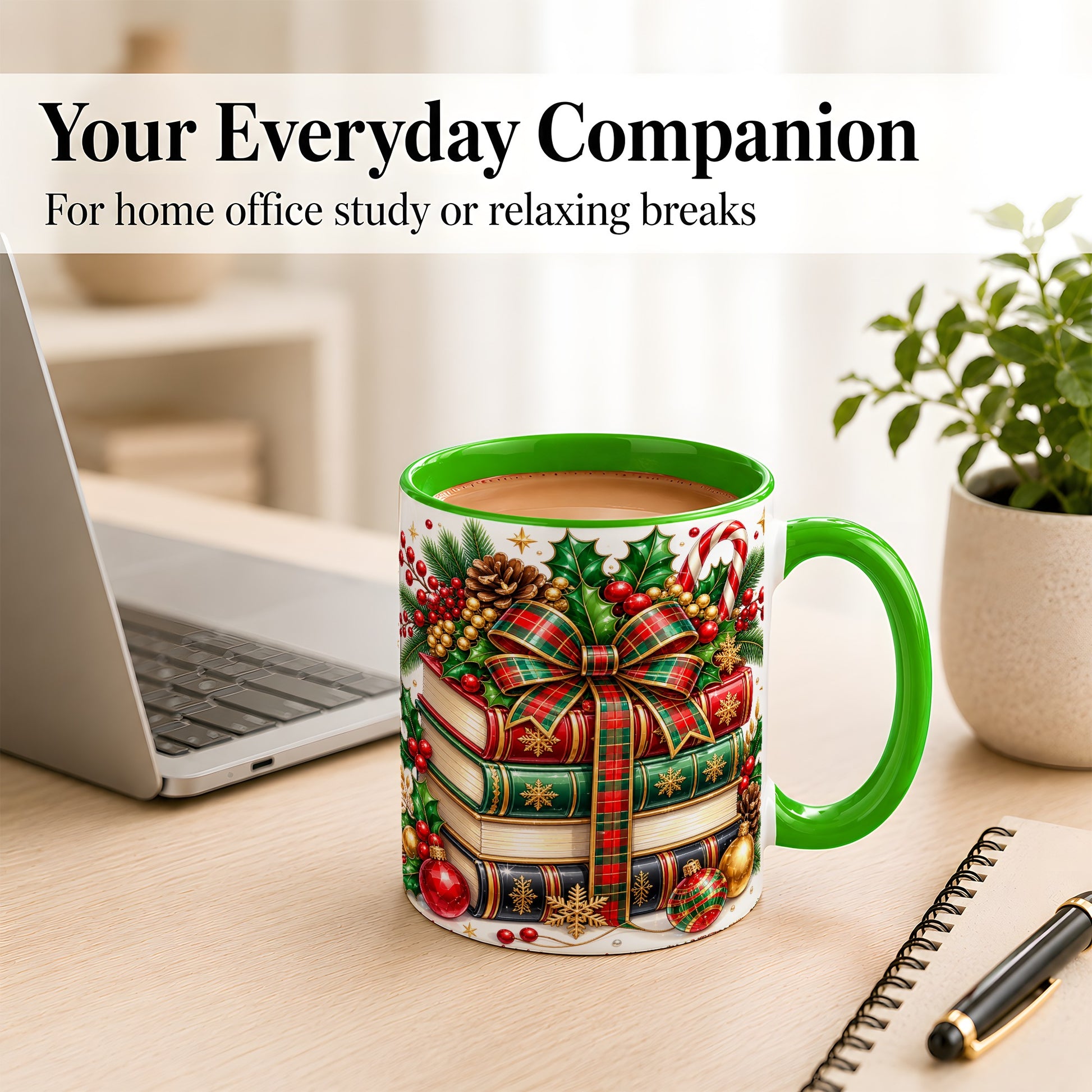 #pl[11oz|Green] Classic Christmas Books Coffee Mug, Plaid Bow Holiday Mug, Ceramic Cup