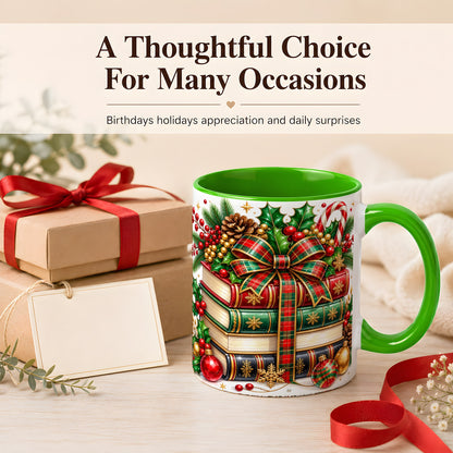 #pl[11oz|Green] Classic Christmas Books Coffee Mug, Plaid Bow Holiday Mug, Ceramic Cup