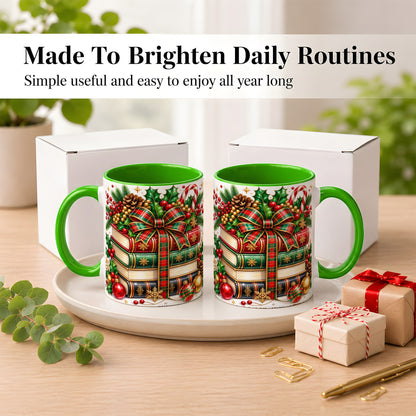 #pl[11oz|Green] Classic Christmas Books Coffee Mug, Plaid Bow Holiday Mug, Ceramic Cup