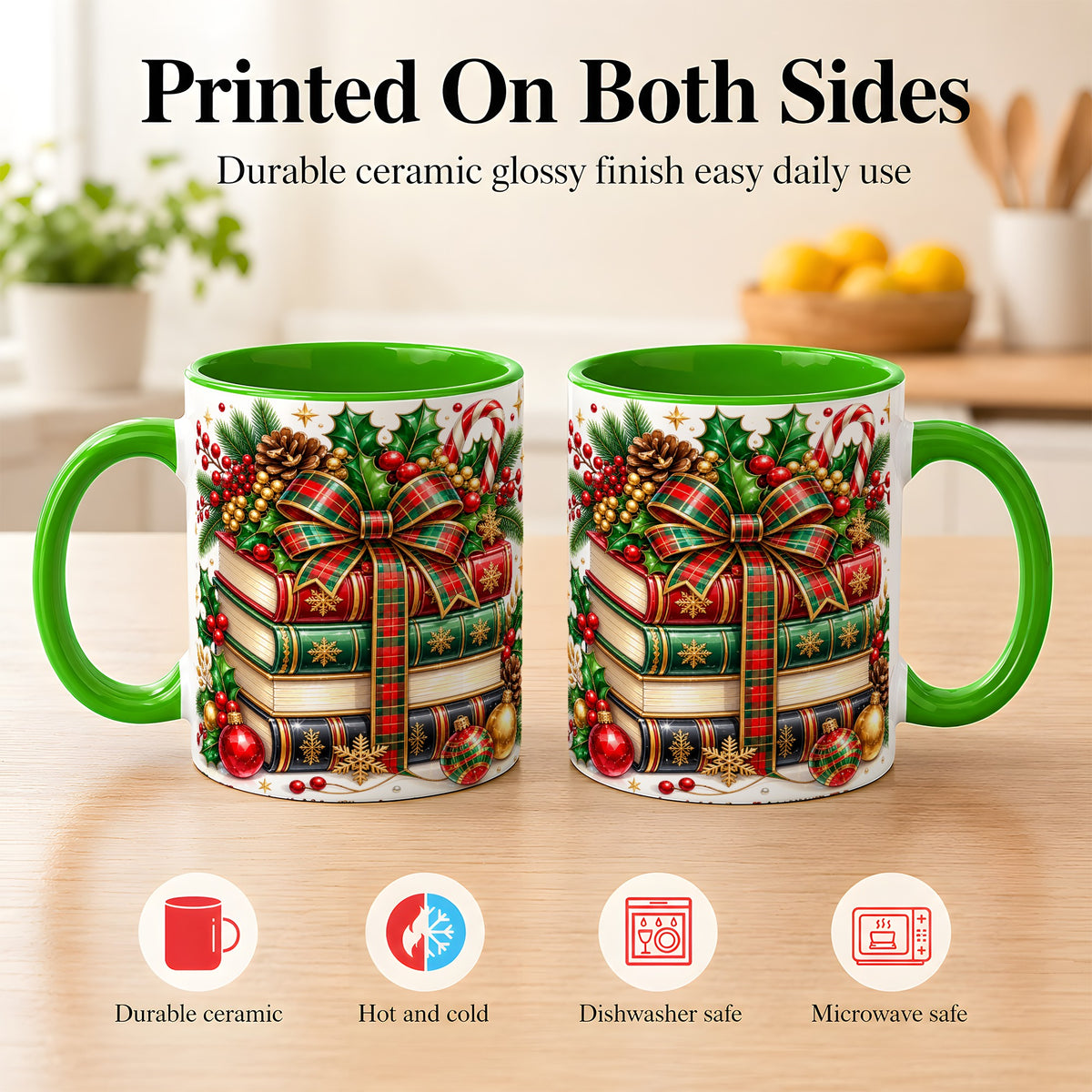 #pl[11oz|Green] Classic Christmas Books Coffee Mug, Plaid Bow Holiday Mug, Ceramic Cup