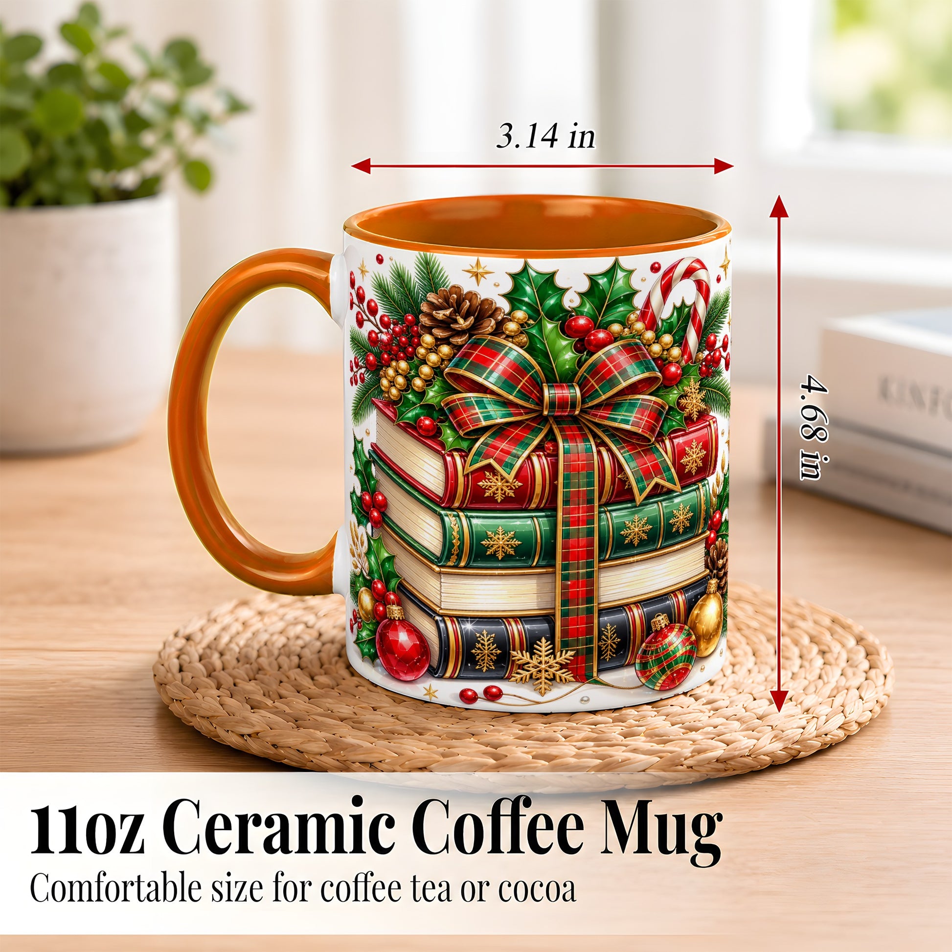 #pl[11oz|Orange] Classic Christmas Books Coffee Mug, Plaid Bow Holiday Mug, Ceramic Cup