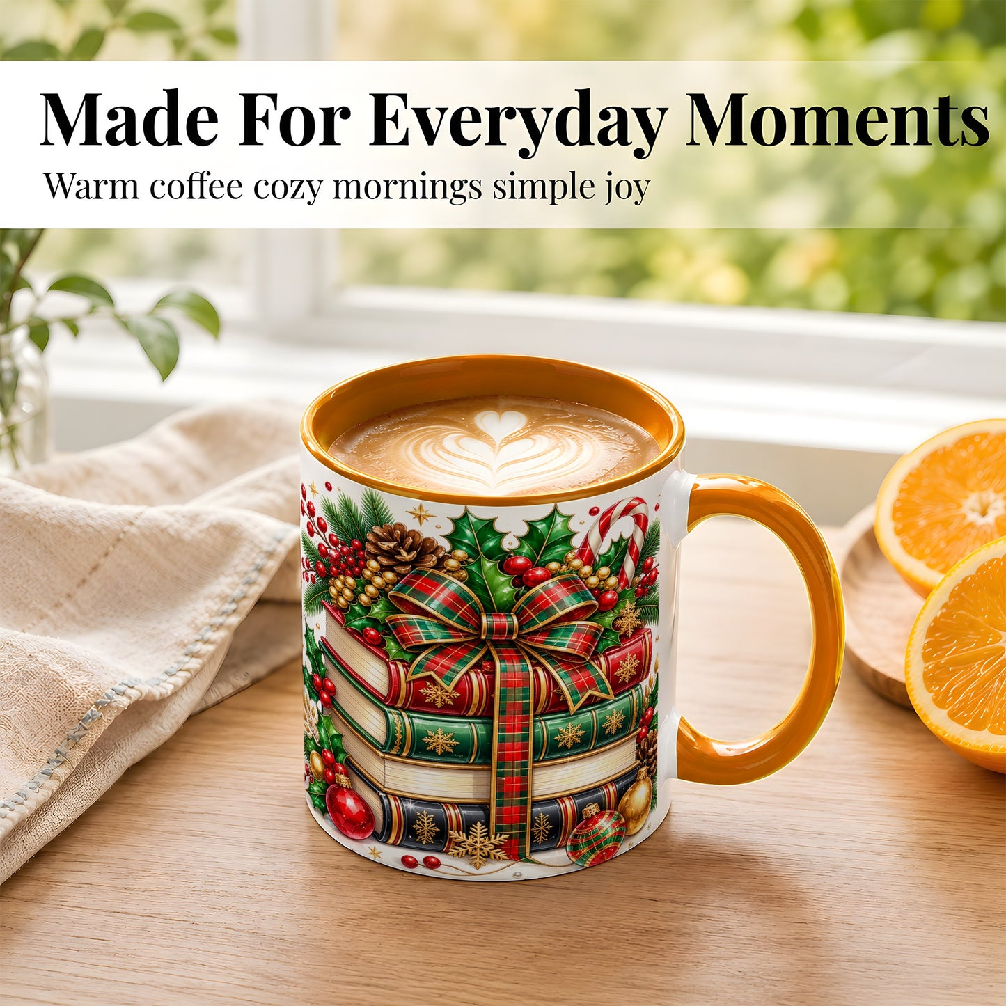 #pl[11oz|Orange] Classic Christmas Books Coffee Mug, Plaid Bow Holiday Mug, Ceramic Cup