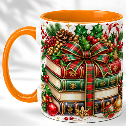 #pl[11oz|Orange] Classic Christmas Books Coffee Mug, Plaid Bow Holiday Mug, Ceramic Cup