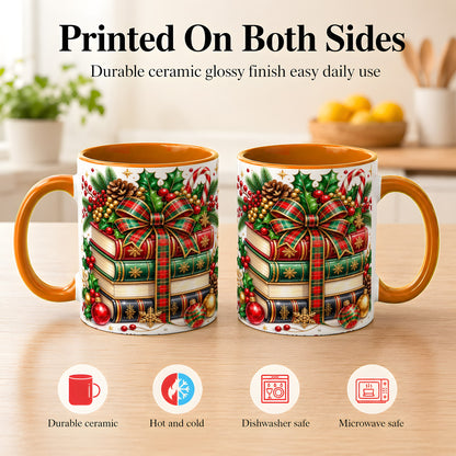 #pl[11oz|Orange] Classic Christmas Books Coffee Mug, Plaid Bow Holiday Mug, Ceramic Cup