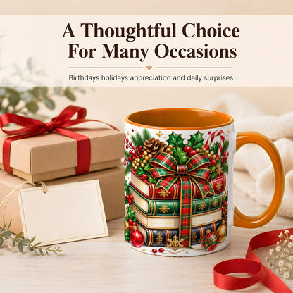 #pl[11oz|Orange] Classic Christmas Books Coffee Mug, Plaid Bow Holiday Mug, Ceramic Cup