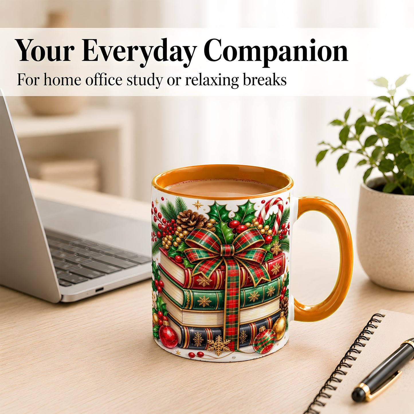 #pl[11oz|Orange] Classic Christmas Books Coffee Mug, Plaid Bow Holiday Mug, Ceramic Cup