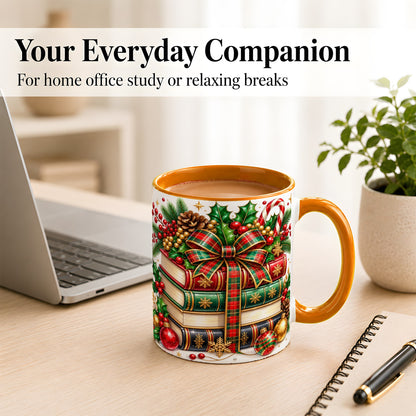 #pl[11oz|Orange] Classic Christmas Books Coffee Mug, Plaid Bow Holiday Mug, Ceramic Cup