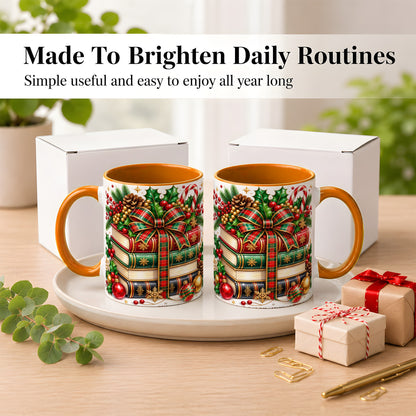 #pl[11oz|Orange] Classic Christmas Books Coffee Mug, Plaid Bow Holiday Mug, Ceramic Cup