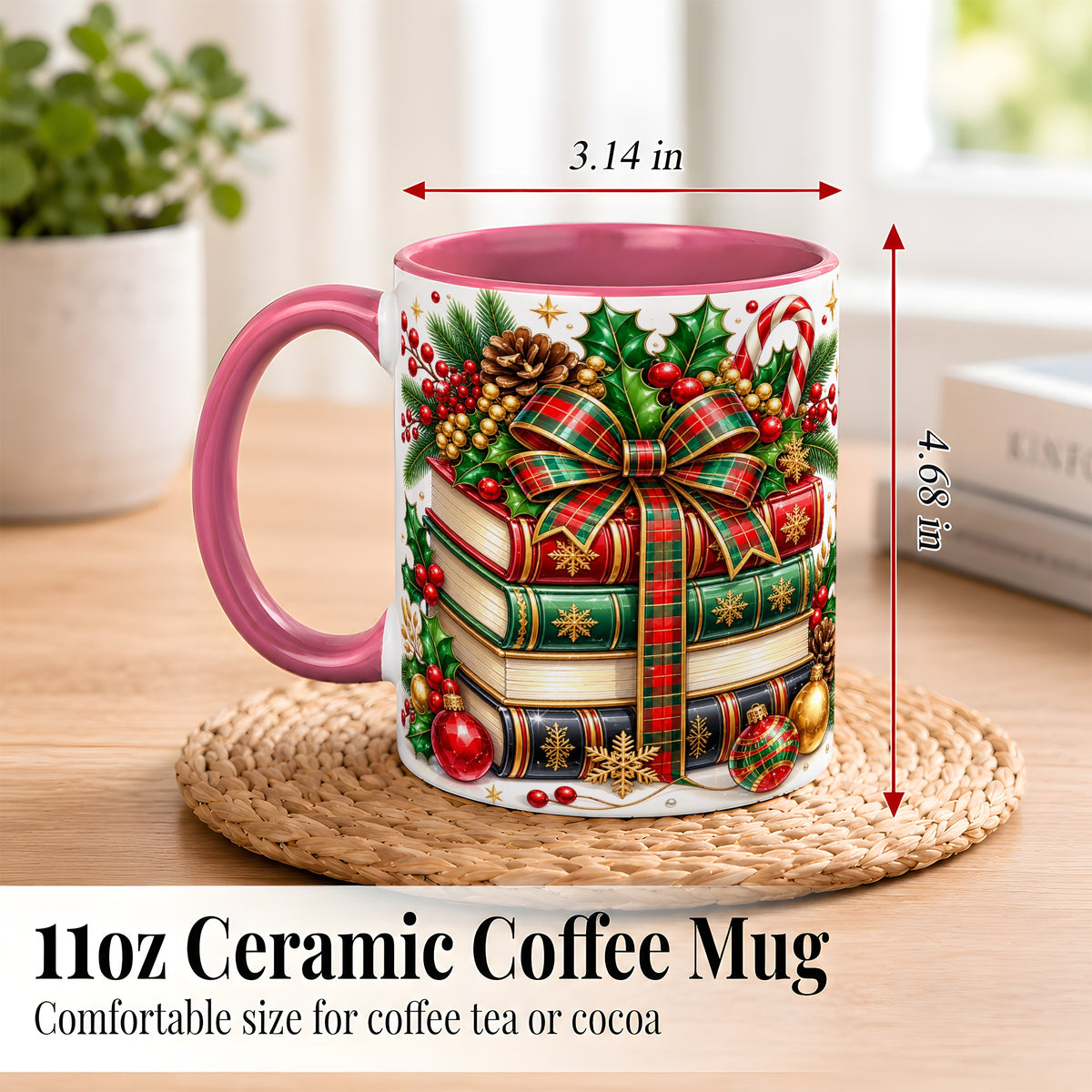 #pl[11oz|Pink] Classic Christmas Books Coffee Mug, Plaid Bow Holiday Mug, Ceramic Cup
