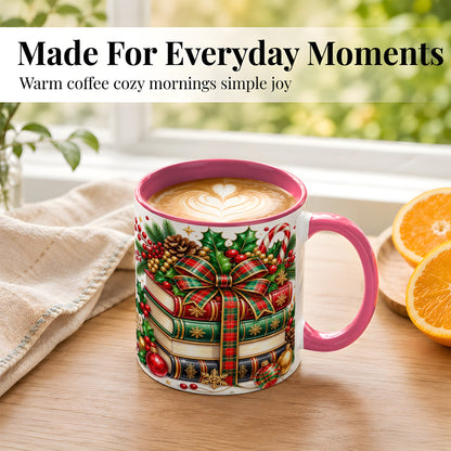 #pl[11oz|Pink] Classic Christmas Books Coffee Mug, Plaid Bow Holiday Mug, Ceramic Cup