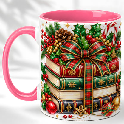 #pl[11oz|Pink] Classic Christmas Books Coffee Mug, Plaid Bow Holiday Mug, Ceramic Cup