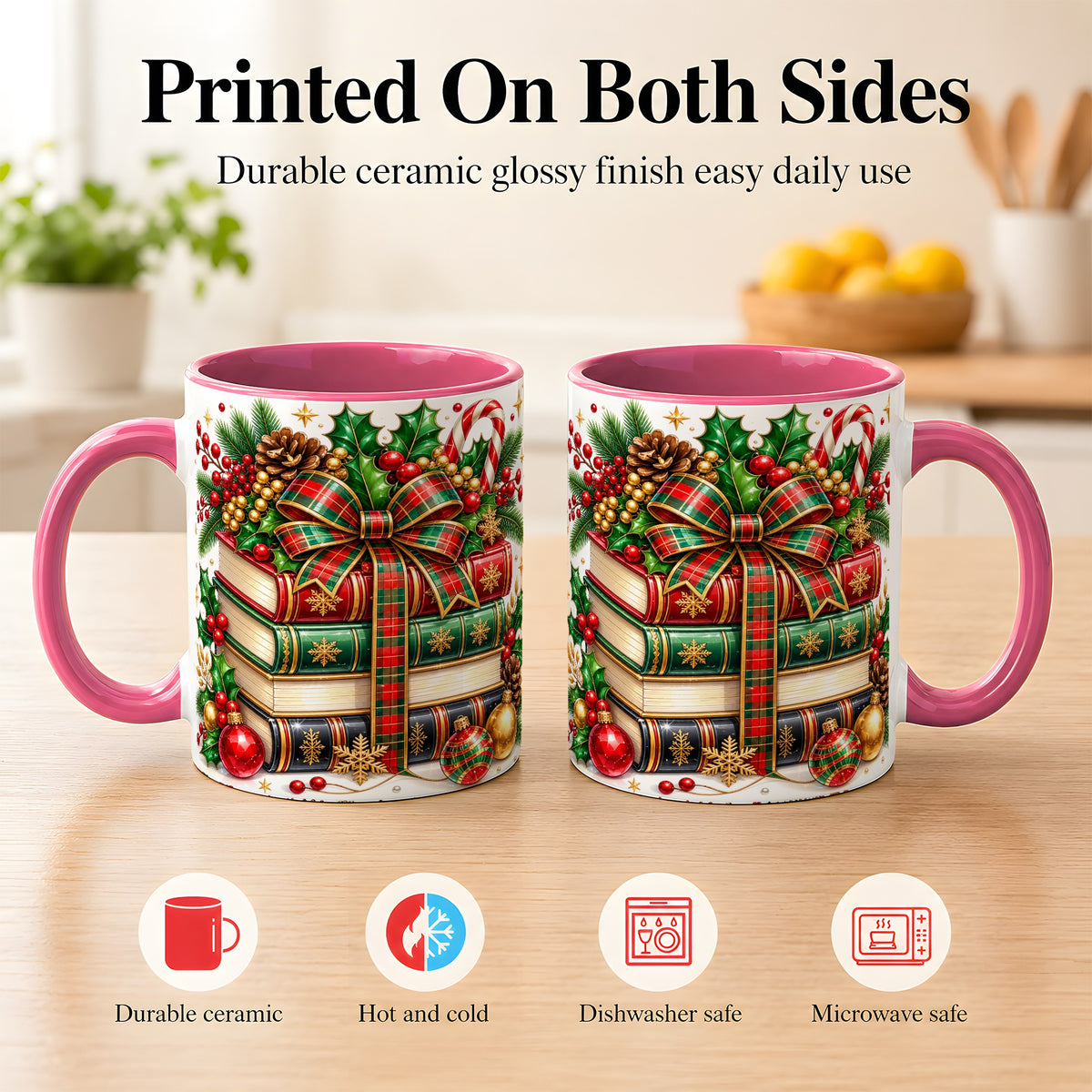 #pl[11oz|Pink] Classic Christmas Books Coffee Mug, Plaid Bow Holiday Mug, Ceramic Cup